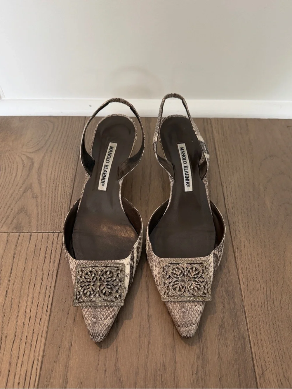 Manolo Blahnik Beige Snakeskin Crystal Buckle Slingback Pumps